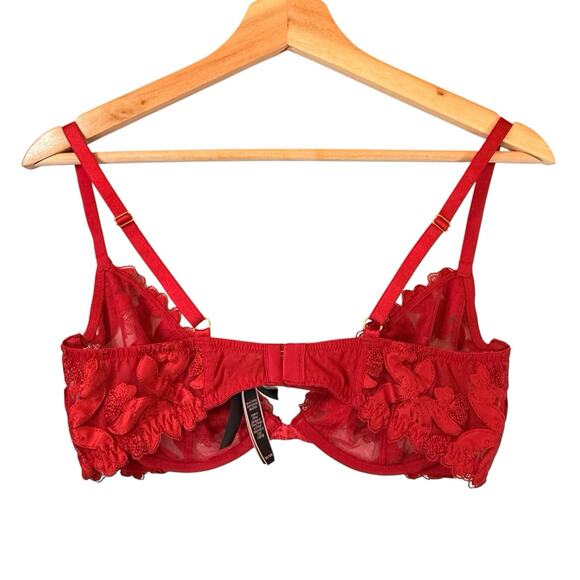 Victorias Secret Low Cut Demi Bra Unlined SIZE 36D Red Lacy Sheer Womens Mesh - Picture 4 of 11